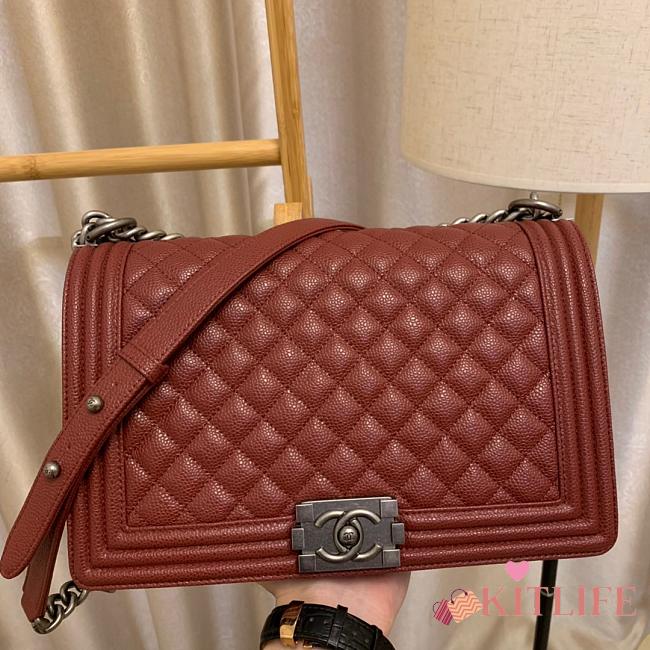 Chanel Boy Bag In Burgundy Caviar Leather With Retro Silver Hardware 28cm - 1