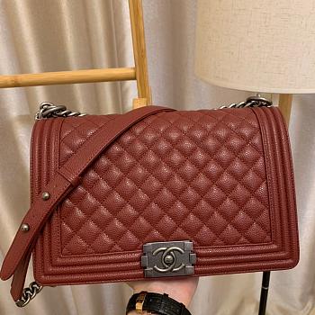 Chanel Boy Bag In Burgundy Caviar Leather With Retro Silver Hardware 28cm