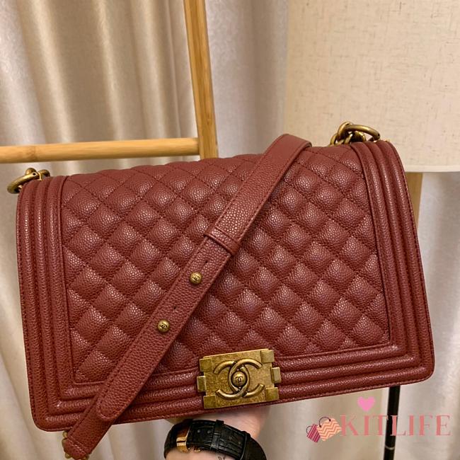 Chanel Boy Bag In Burgundy Caviar Leather With Retro Gold Hardware 28cm - 1