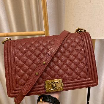 Chanel Boy Bag In Burgundy Caviar Leather With Retro Gold Hardware 28cm