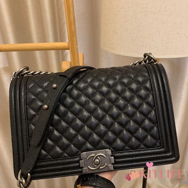 Chanel Boy Bag In Black Caviar Leather With Retro Silver Hardware 28cm - 1