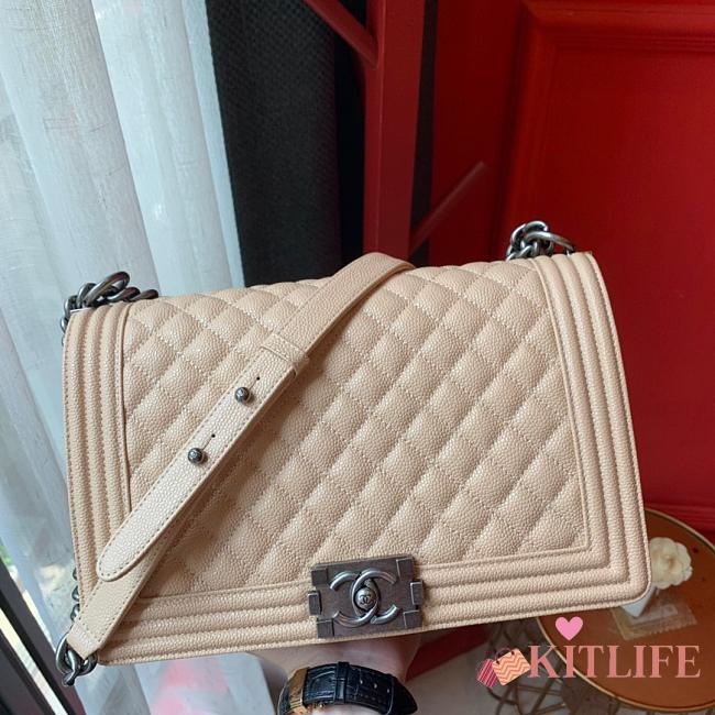 Chanel Boy Bag In Beige Caviar Leather With Retro Silver Hardware 28CM - 1