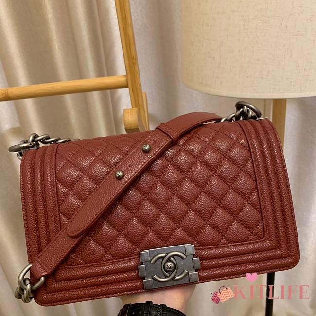 Chanel Boy Bag In Burgundy Caviar Leather With Retro Silver Hardware 25CM - 1