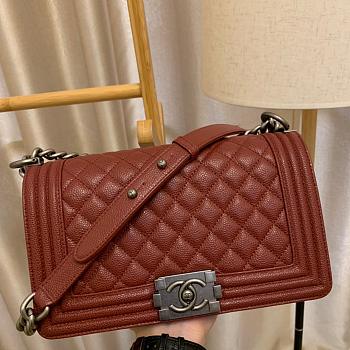 Chanel Boy Bag In Burgundy Caviar Leather With Retro Silver Hardware 25CM