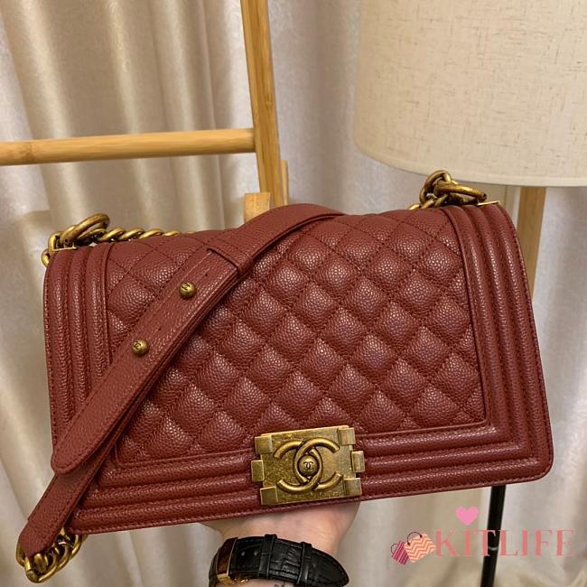 Chanel Boy Bag In Burgundy Caviar Leather With Retro Gold Hardware 25CM - 1