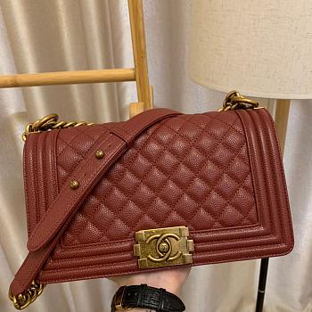 Chanel Boy Bag In Burgundy Caviar Leather With Retro Gold Hardware 25CM