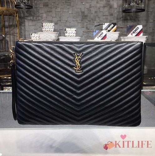 Saint Laurent YSL Chevron Clutch Bag 36cm Gold Hardware Calfskin Leather - 1