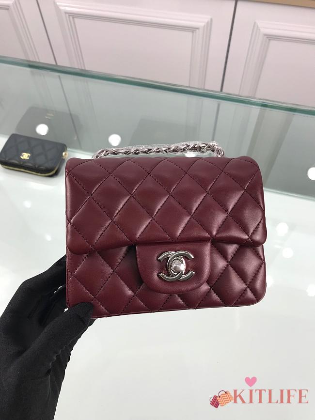 Forubags Chanel Mini Flap Burgundy Bag Lambskin Leather With Silver Hardware 17CM - 1