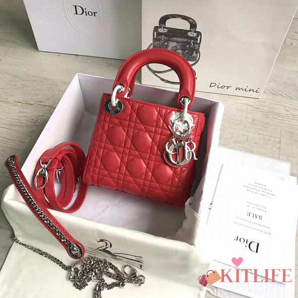 Lady Dior Mini 17cm Lambskin leather in red with silver hardware - 1
