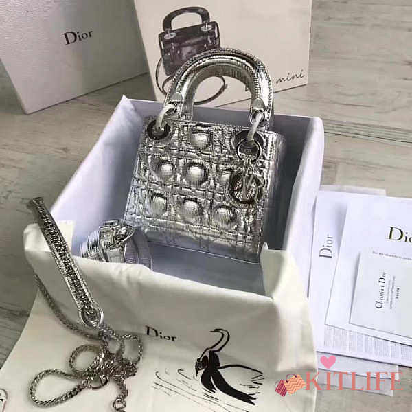 Lady Dior Mini 17cm Lambskin leather in silver with silver hardware - 1