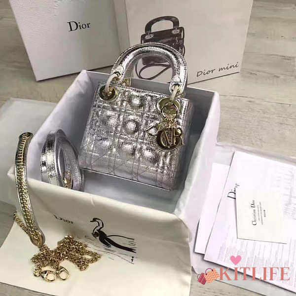 Lady Dior Mini 17cm Lambskin leather in silver with gold hardware - 1