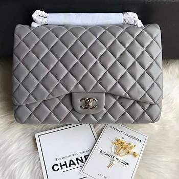 Chanel Grey Lambskin Leather Flap Bag With Gold / Silver Hardware Size 33cm