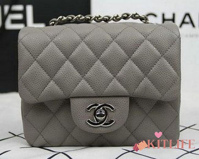 CHANEL FLAP BAG CAVIAR SILVER HARDWARE IN GREY 17CM - 1