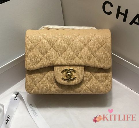 CHANEL FLAP BAG CAVIAR GOLD HARDWARE IN BEIGE 17CM - 1