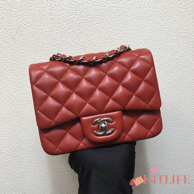 Forubags Chanel Mini Flap Red Bag Lambskin Leather With Silver Hardware 17CM - 1
