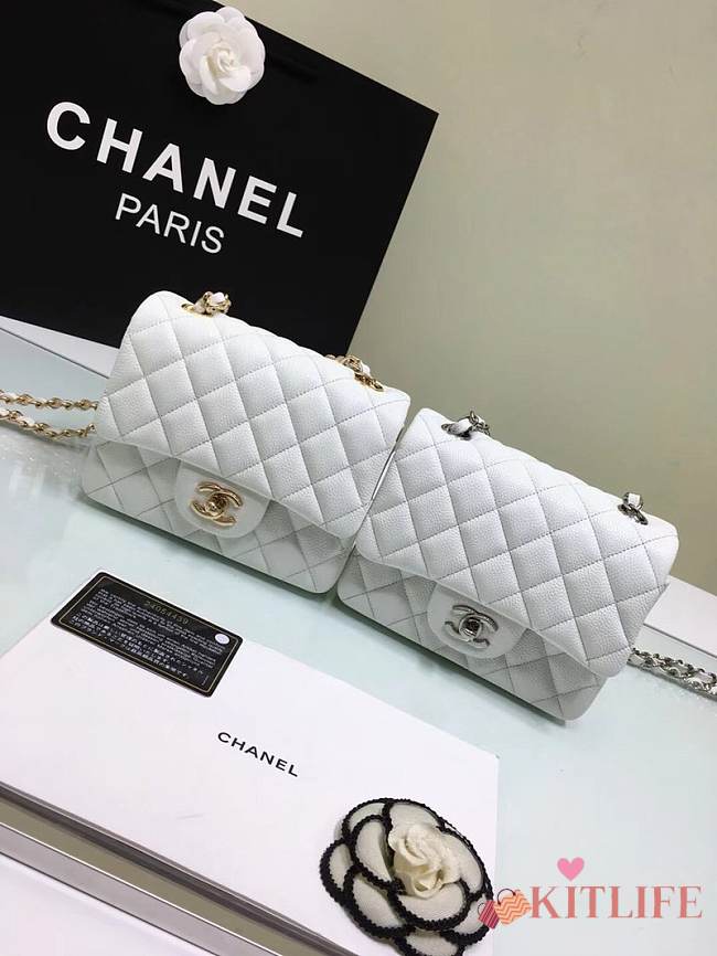 CHANEL FLAP BAG CAVIAR GOLD/SILVER HARDWARE IN WHITE 17CM - 1