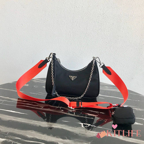 PRADA NYLON HOBO BAG WITH RED STRAP - 1