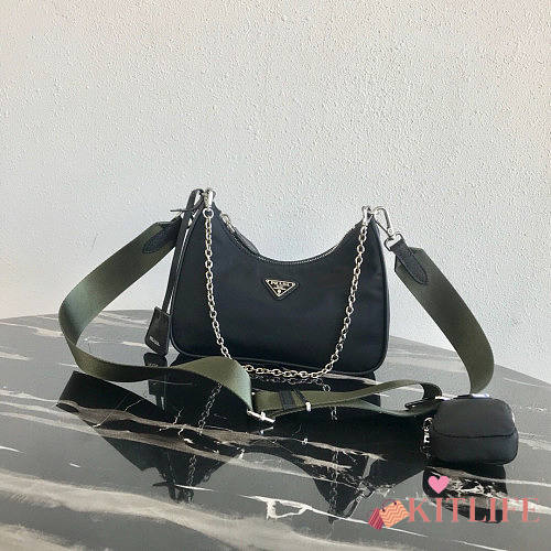 PRADA NYLON HOBO BAG WITH GREEN STRAP - 1