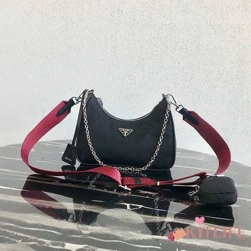 PRADA NYLON HOBO BAG WITH BURGUNDY STRAP - 1