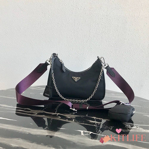 PRADA NYLON HOBO BAG WITH PURPLE STRAP - 1