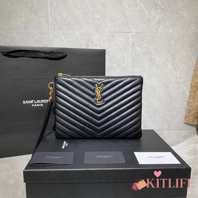 Saint Laurent YSL Chevron Clutch Bag 24cm Gold Hardware Calfskin Leather - 1