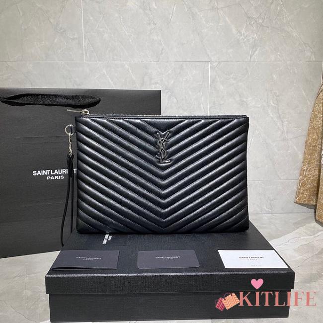 Saint Laurent YSL Chevron Clutch Bag 30cm Silver Hardware Calfskin Leather - 1