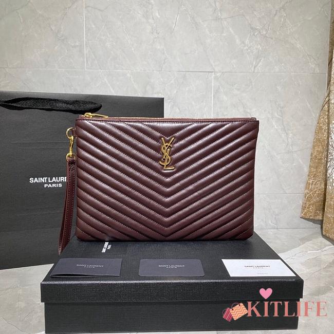 Saint Laurent YSL Chevron Clutch Bag 30cm Gold Hardware Burgundy Calfskin Leather - 1