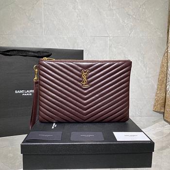 Saint Laurent YSL Chevron Clutch Bag 30cm Gold Hardware Burgundy Calfskin Leather