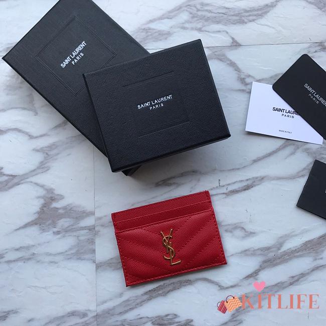 YSL Card Holder Red Caviar Leather Gold Hardware - 1