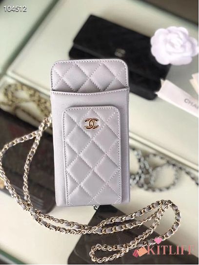 CHANEL PHONE CARD HOLDER IN GREY LAMBSKIN LEATHER - 1