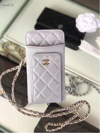 CHANEL PHONE CARD HOLDER IN GREY LAMBSKIN LEATHER