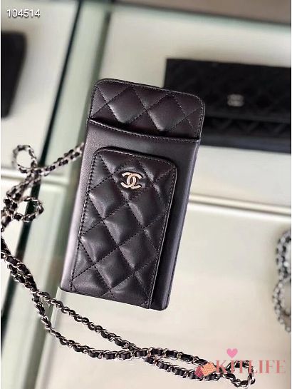 CHANEL PHONE CARD HOLDER IN BLACK LAMBSKIN LEATHER - 1