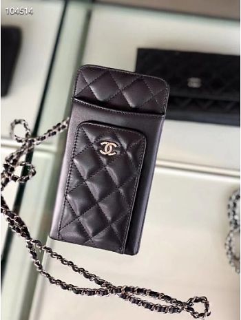 CHANEL PHONE CARD HOLDER IN BLACK LAMBSKIN LEATHER