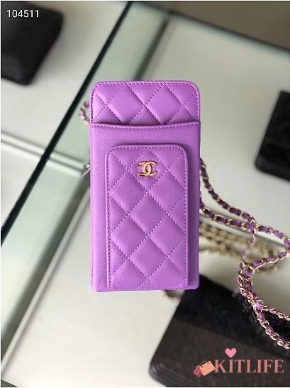 CHANEL PHONE CARD HOLDER IN PURPLE LAMBSKIN LEATHER - 1