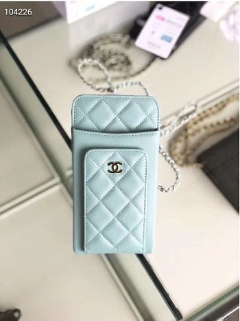 CHANEL PHONE CARD HOLDER IN BLUE LAMBSKIN LEATHER