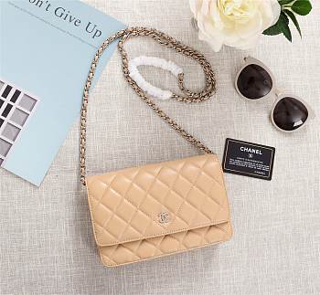 CHANEL LAMBSKIN WOC WITH GOLD HARDWARE IN BEIGE