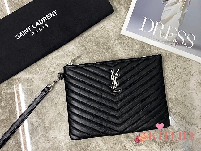 Saint Laurent YSL Chevron Clutch Bag 24cm Silver Hardware Calfskin Leather - 1