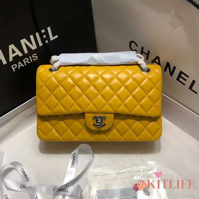 Chanel Lambskin Leather 25cm Flap In Yellow With Silver Hardware - 1