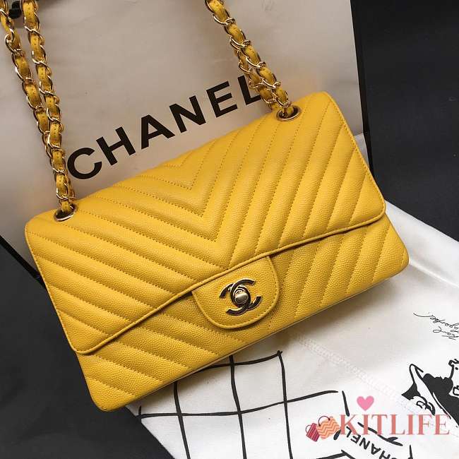 Chanel Caviar Calf Leather 25cm Flap In Yellow With Gold Hardware - 1