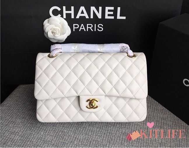 Chanel Lambskin Leather 25cm Flap With Gold Hardware In White - 1