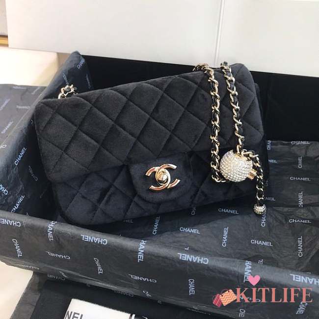 CHANEL VELVET BLACK FLAP BAG 25CM - 1