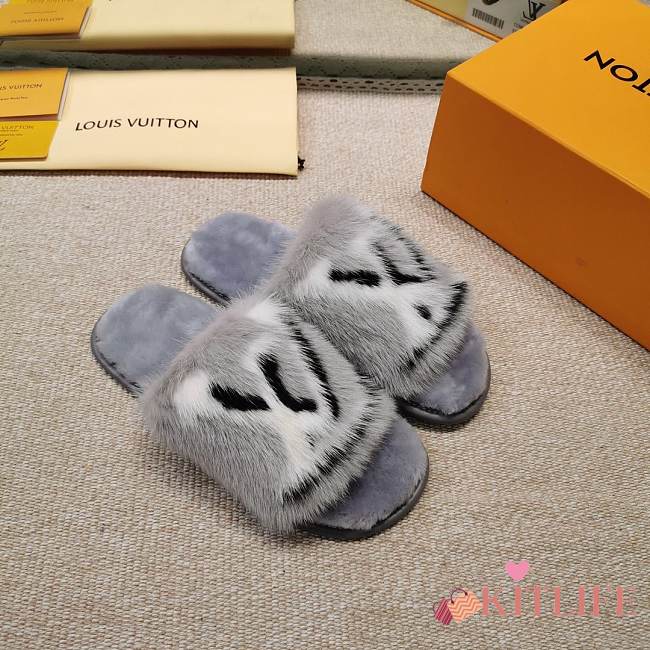 LV Grey Fur Slippers - 1