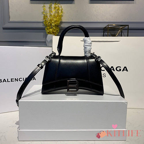BALENCIAGA HOURGLASS XS TOP HANDLE BAG BLACK SILVER - 1