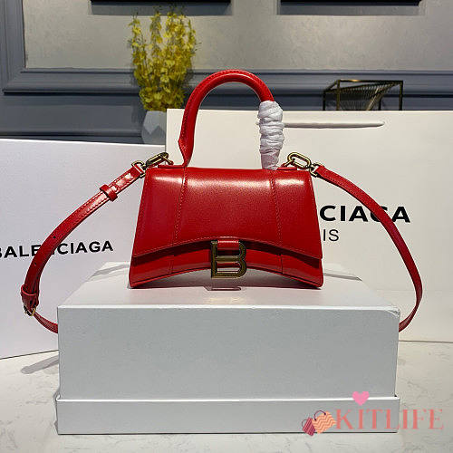 BALENCIAGA HOURGLASS XS TOP HANDLE BAG RED GOLD HARDWARE - 1