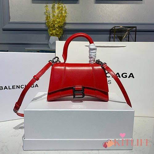 BALENCIAGA HOURGLASS XS TOP HANDLE BAG RED SILVER HARDWARE - 1