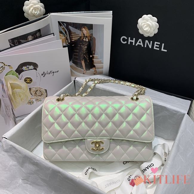 Chanel Classic Double Flap Metalic White Bag Yellow Hardware - 25.5x15.6cm - 1