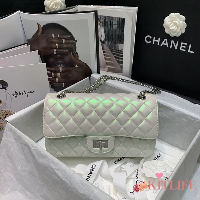 Forubags Chanel Classic Double Flap Metalic White Bag Metal Silver Glossy Hardware – 24x15x7.5cm - 1