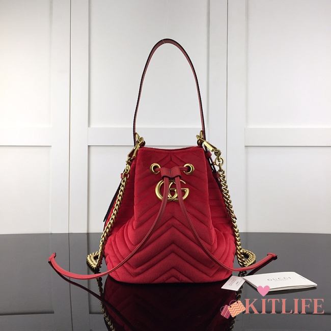 Forubags Gucci GG Marmont Quilted Velvet Bucket Bag Red – 525081 – W21xH22xD11 cm - 1