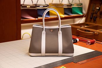 Forubags Hermes Garden Party Canvas Leather Bag Elephant Grey/White – 30x23x17 cm