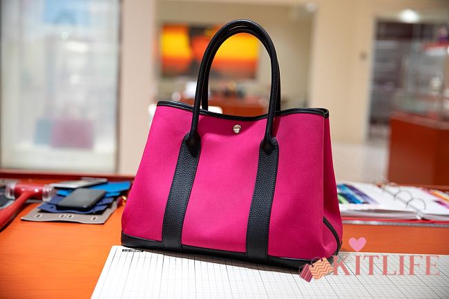 Forubags Hermes Garden Party Canvas Leather Bag Pink/Black – 30x23x17 cm - 1